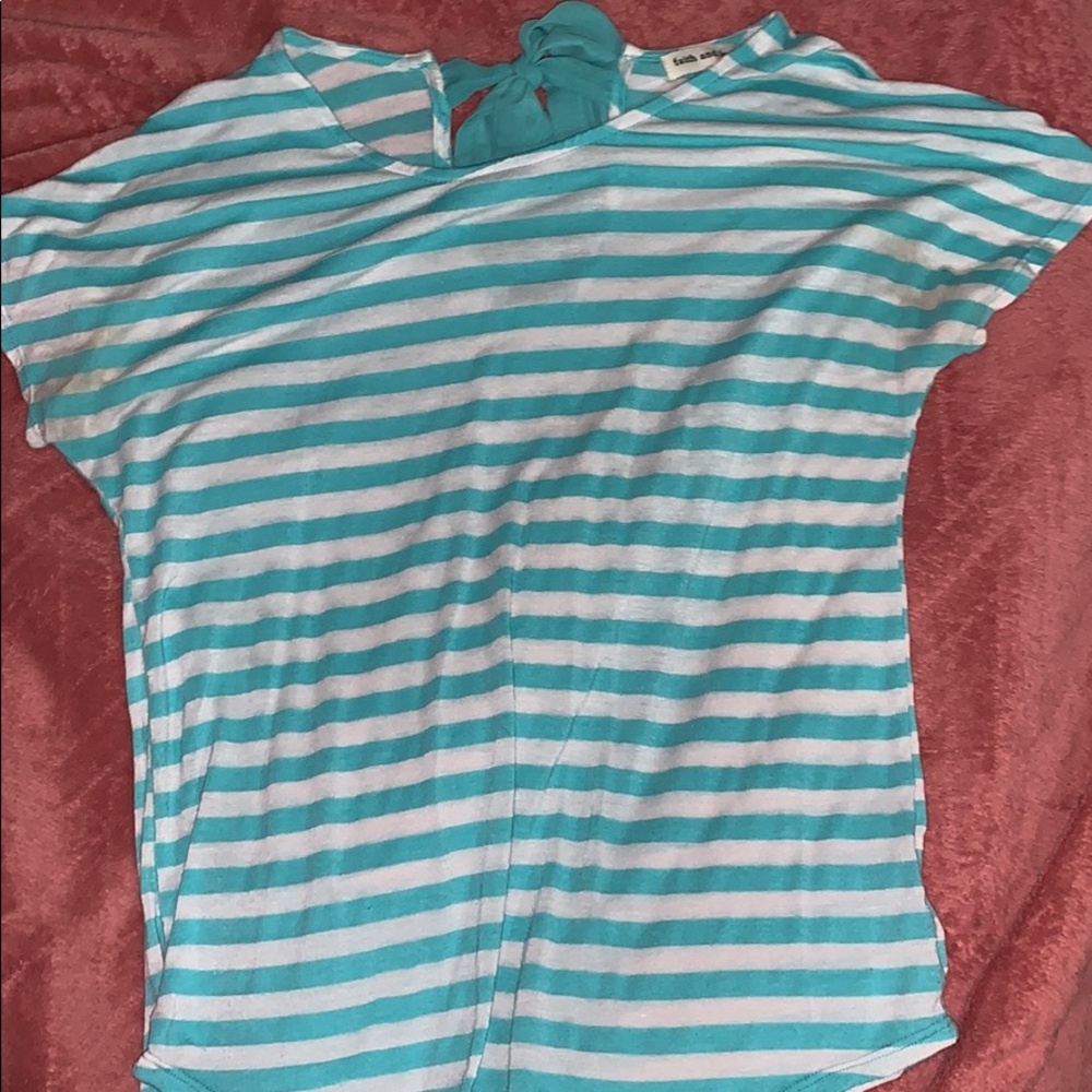 stripped teal and white short sleeve shirt